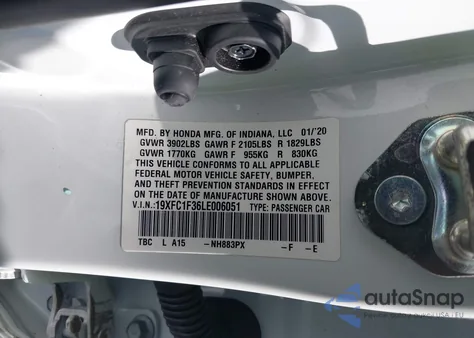 2020 Honda Civic Ex from USA, damaged, VIN 19XFC1F36LE006051